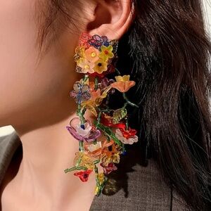 Exaggerated Flower Vine Design Dangle Earrings Pastoral Style Acrylic Jewelry